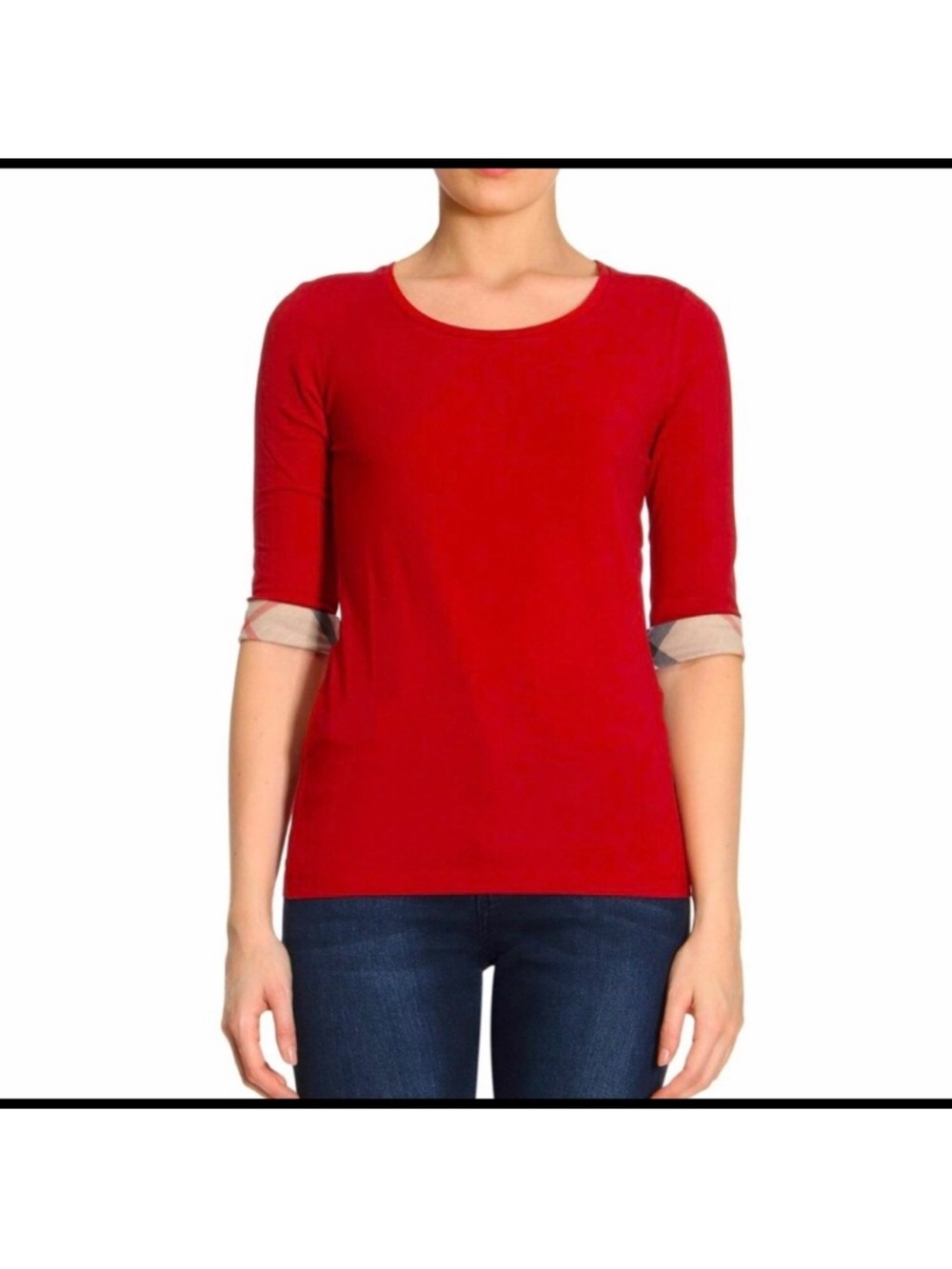 Burberry Brit Red Cotton Nova Check Trim Top 3/4 sleeve size small